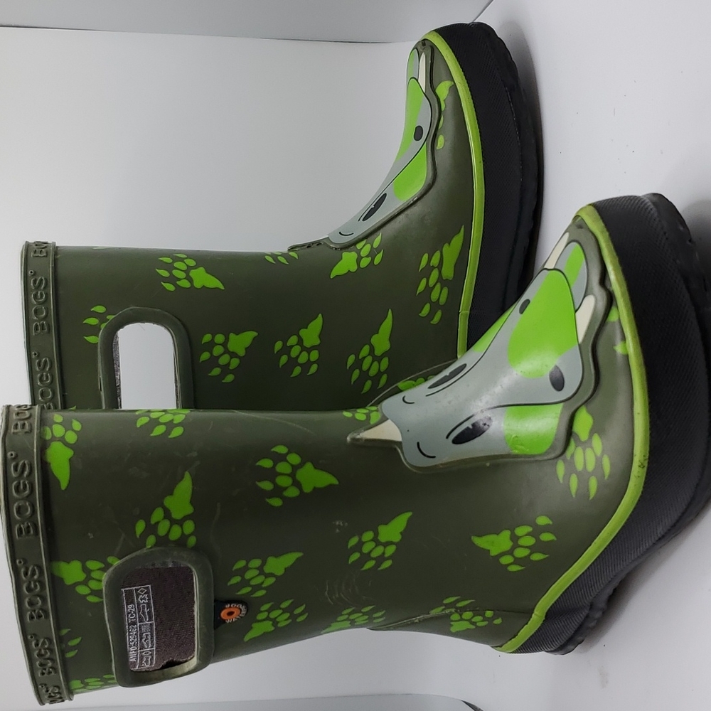 Bogs skipper animal Dino green waterproof pull on kids rain boots size 10